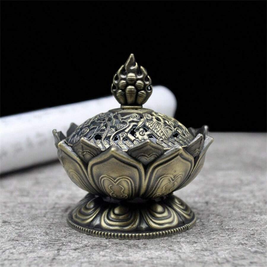 1入組摩尼蓮花香爐,合金八寶吉祥物圖案設計香爐,燃燒香錠、檀香和香料,裝飾和器械 - 銅色 - 查看 1