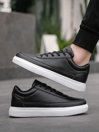 Men's Simple Front Lace-Up Solid Color Skate Shoes, Fashion Casual Versatile Commuting Lightweight Sneakers For Students