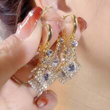 1雙女士鑽石形鑲鑽耳環,適用於新娘、婚禮、派對和日常佩戴 - 金色 - 查看 3