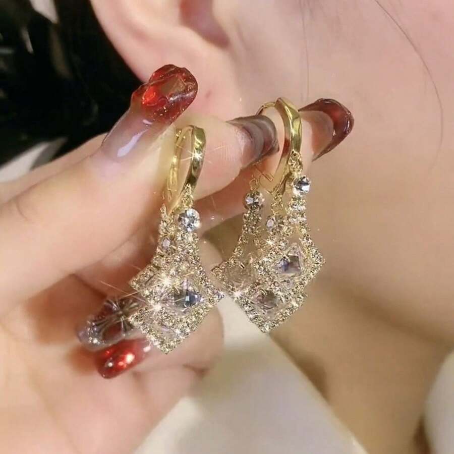 1雙女士鑽石形鑲鑽耳環,適用於新娘、婚禮、派對和日常佩戴 - 金色 - 查看 1