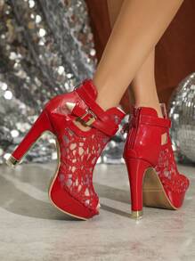 Zapatos rojos de tacón alto para mujer, resistentes al agua, con cremallera trasera y decoración de malla