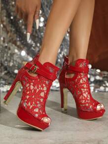 Zapatos rojos de tacón alto para mujer, resistentes al agua, con cremallera trasera y decoración de malla