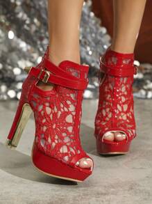 Zapatos rojos de tacón alto para mujer, resistentes al agua, con cremallera trasera y decoración de malla