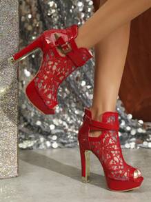 Zapatos rojos de tacón alto para mujer, resistentes al agua, con cremallera trasera y decoración de malla
