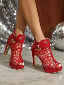 Zapatos rojos de tacón alto para mujer, resistentes al agua, con cremallera trasera y decoración de malla