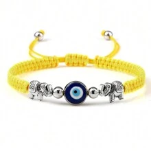 1 pieza Brazalete trenzado vintage con cuentas de ojo turco azul, hilo de nailon, dije de aleación con elefante, joya de pulsera y brazalete de pareja