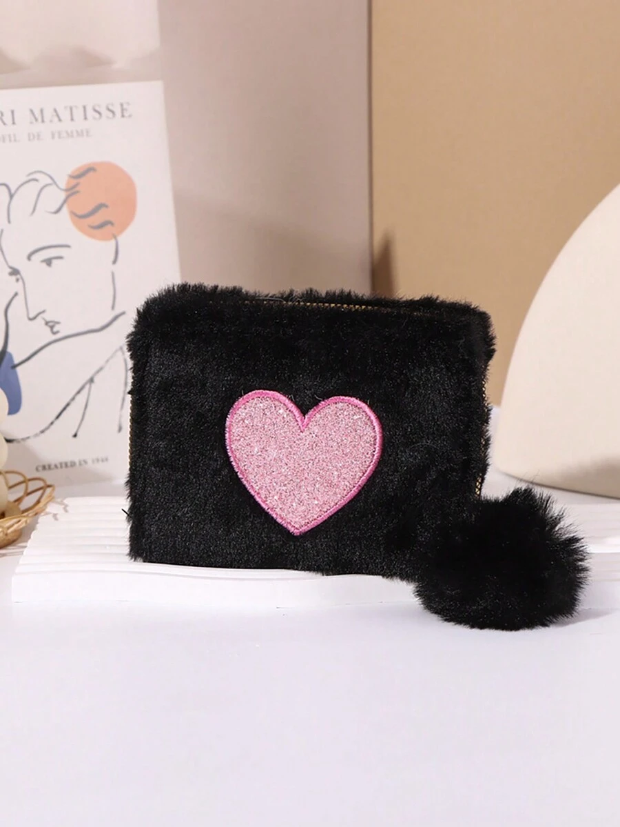 1pc Heart Pattern Embroidered Zipper Wallet, Short Clutch Bag, Cartoon Digital Print Coin Purse - Black - View 1