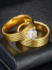 2入組/套金色不鏽鋼時尚男女戒指,適用於婚禮、派對及日常穿戴 - 金色 - 查看 1