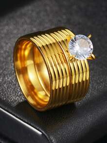 2入組/套金色不鏽鋼時尚男女戒指,適用於婚禮、派對及日常穿戴 - 金色 - 查看 2