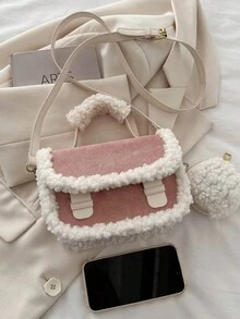 秋冬款絨面手提包,質感優越的休閒單肩包適合女性,時尚簡約的對比色方形包適合上班族、約會等場合,附有小圓包的斜跨包 - 粉色 - 查看 4
