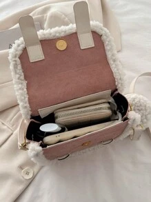 秋冬款絨面手提包,質感優越的休閒單肩包適合女性,時尚簡約的對比色方形包適合上班族、約會等場合,附有小圓包的斜跨包 - 粉色 - 查看 5