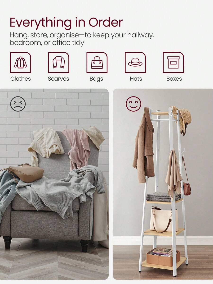 VASAGLE Coat Rack, Cloakroom, Clothes Rack With 3 Tier Shelf, Hooks And ...