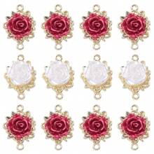 10pcs Alloy & Resin Rose Pendants Diy For Earrings, Necklaces, Bracelets, Valentine's Day Accessory, Double Hole Red & White Rose Jewelry Connector Valentines