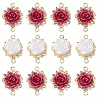 10pcs Alloy & Resin Rose Pendants Diy For Earrings, Necklaces, Bracelets, Valentine's Day Accessory, Double Hole Red & White Rose Jewelry Connector Valentines