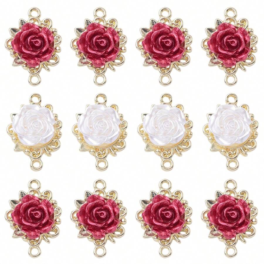 10pcs Alloy & Resin Rose Pendants Diy For Earrings, Necklaces, Bracelets, Valentine's Day Accessory, Double Hole Red & White Rose Jewelry Connector Valentines