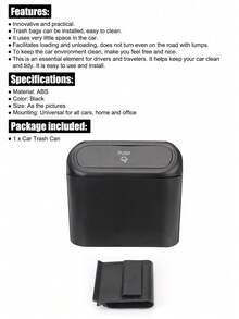 1L Car Trash Can - Simple Black Design For Convenience - Black - View 2