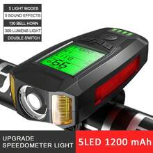 1 Đồng hồ đo tốc độ xe đạp đa chức năng có đèn, màn hình hiển thị pin, còi, đèn trước xe đạp có thể sạc lại qua USB - màu đen - Xem 2