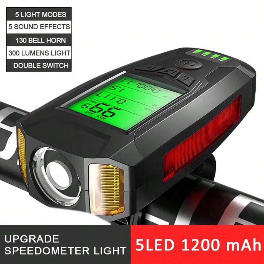 1 Đồng hồ đo tốc độ xe đạp đa chức năng có đèn, màn hình hiển thị pin, còi, đèn trước xe đạp có thể sạc lại qua USB