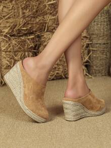 绒面革鞋面透气坡跟时尚轻便绳带女鞋 - 棕色 - 查看 4