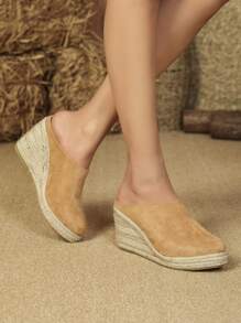 绒面革鞋面透气坡跟时尚轻便绳带女鞋 - 棕色 - 查看 1