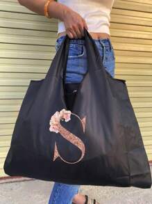 购物袋手提袋折叠袋姓名首字母图案手提包野餐袋可重复使用的储物袋杂货手提袋大容量旅行杂货袋手提袋姓名首字母印花沙滩包单肩包，学校用品，书包，学校手提包，轻便，便携，可折叠，适合青少年女孩女士大学生，非常适合返校 - 黑色 - 查看 10