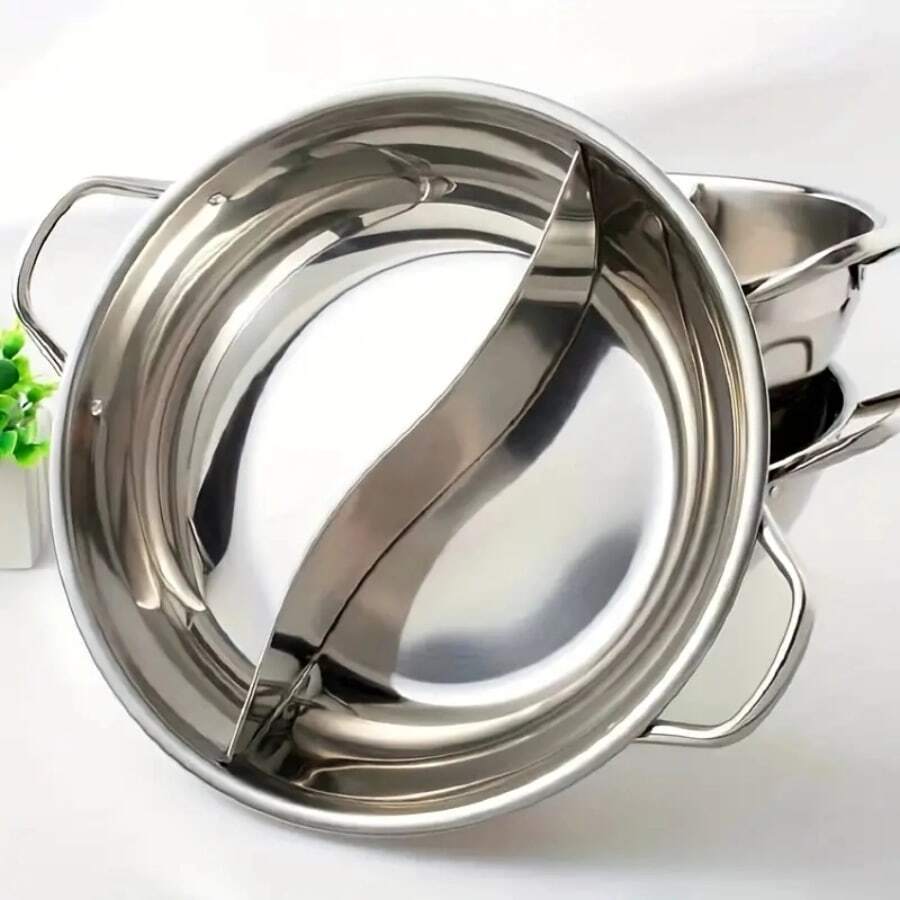 1pc Stainless Steel Twin-Handled Hot Pot For Home Induction Cooktop, Thick Clear Soup And Spicy Hot Pot - Silver - View 1