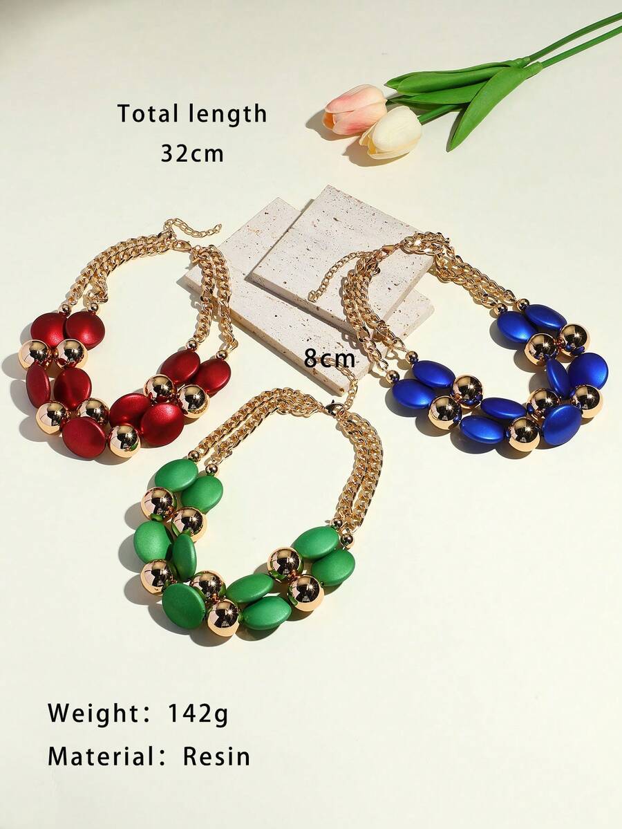 1pc Fashionable Double-Layer Beaded Pendant Necklace For New Year & Women's Accessories, Colorful Cute Short Necklace For Girls' Party - Multicolor - View 1