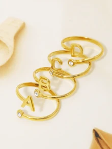 FOREVER QUEEN 925純銀開口字母戒指，大寫A-Z，適合送禮給女友，情人節禮物 - 金色 - 查看 5