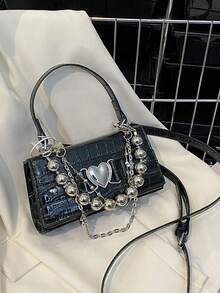 Fashionable Y2k Style Women's Bag,Mini Crocodile Embossed Bag Heart & Buckle Decor Zipper Fashion Flap Square Bag, Cute Heart-Shaped Bag, Waterproof, Can Be Used As Handbag Or Shoulder Bag, Comes With A Short Chain For Decoration. Made Of Pu Leather, Suitable For Women, Girls, Students, Newcomers To Work, White-Collar Workers Or Business Travelers - Black - View 6