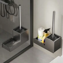 1pc Square Toilet Brush Shelf, Wall Mounted Shelf, Washroom Toilet Bathroom Toilet Storage Artifacts Without Punching, Home Essential - Grey - View 1