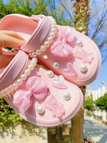 14入組DIY鞋飾套裝，包括布花、蝴蝶結、時尚珍珠和可拆式鞋扣 - 粉色 - 查看 2