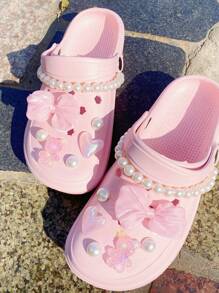 14入組DIY鞋飾套裝，包括布花、蝴蝶結、時尚珍珠和可拆式鞋扣 - 粉色 - 查看 4