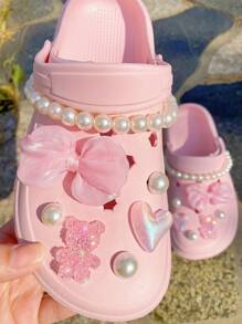 14入組DIY鞋飾套裝，包括布花、蝴蝶結、時尚珍珠和可拆式鞋扣 - 粉色 - 查看 7