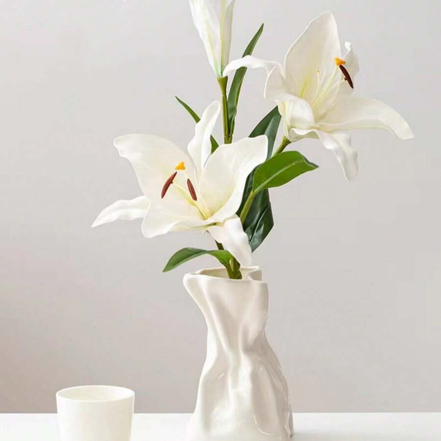 1pc Creative Ceramic Pleated Flower Vase For Living Room Home Decoration Artware, Daily Use - White - View 1