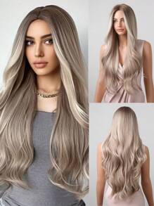 28英寸金色長捲髮綜合棕色深根混色髮型,適合女性,日常或派對使用的迷人假髮,包括假髮帽 - 彩色 - 查看 1