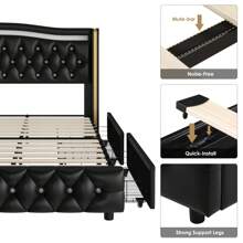 HIFORT Smart LED Bed Frame With 4 Drawers And Wingback Headboard, Faux Leather Platform Bed Frame With Diamond Tufted Headboard And Footboard, White/Black, Full/Queen/King
