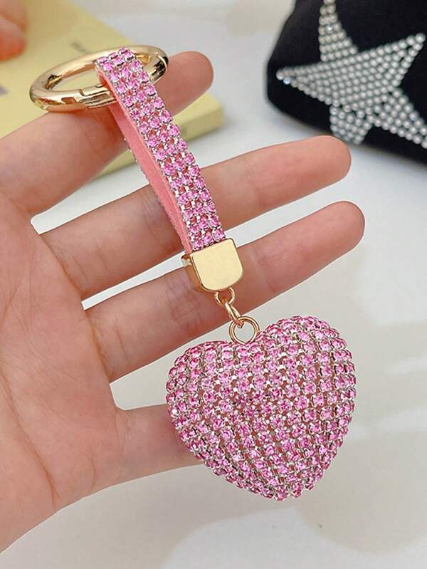 Crystal Studded Heart Shaped Keychain, Couple's Delicate Pendant Accessory For Bag/Car
