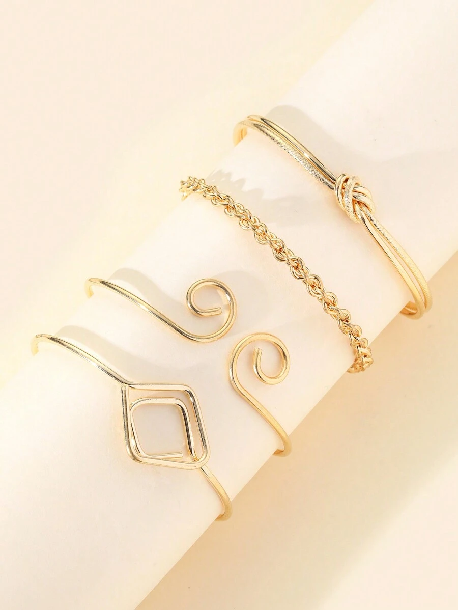 4入組時尚閃亮鑽石手環扭轉設計金色手鐲 - 金黃色 - 查看 1