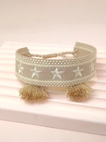 1pc Embroidered Star Design Braided Bracelet - Khaki - View 5
