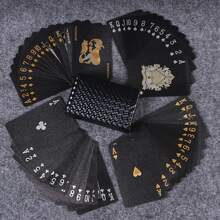 2024 新款 1 对防水黑色水钻塑料扑克牌，黑色和金色派对德州扑克桌游扑克牌，宠物材质黑色扑克牌配银箔，适合新年派对，扑克和扑克牌爱好者的完美礼物！适合魔术和桌上游戏。，适合万圣节/圣诞节/感恩节的成人派对游戏 - 黑色 - 查看 1