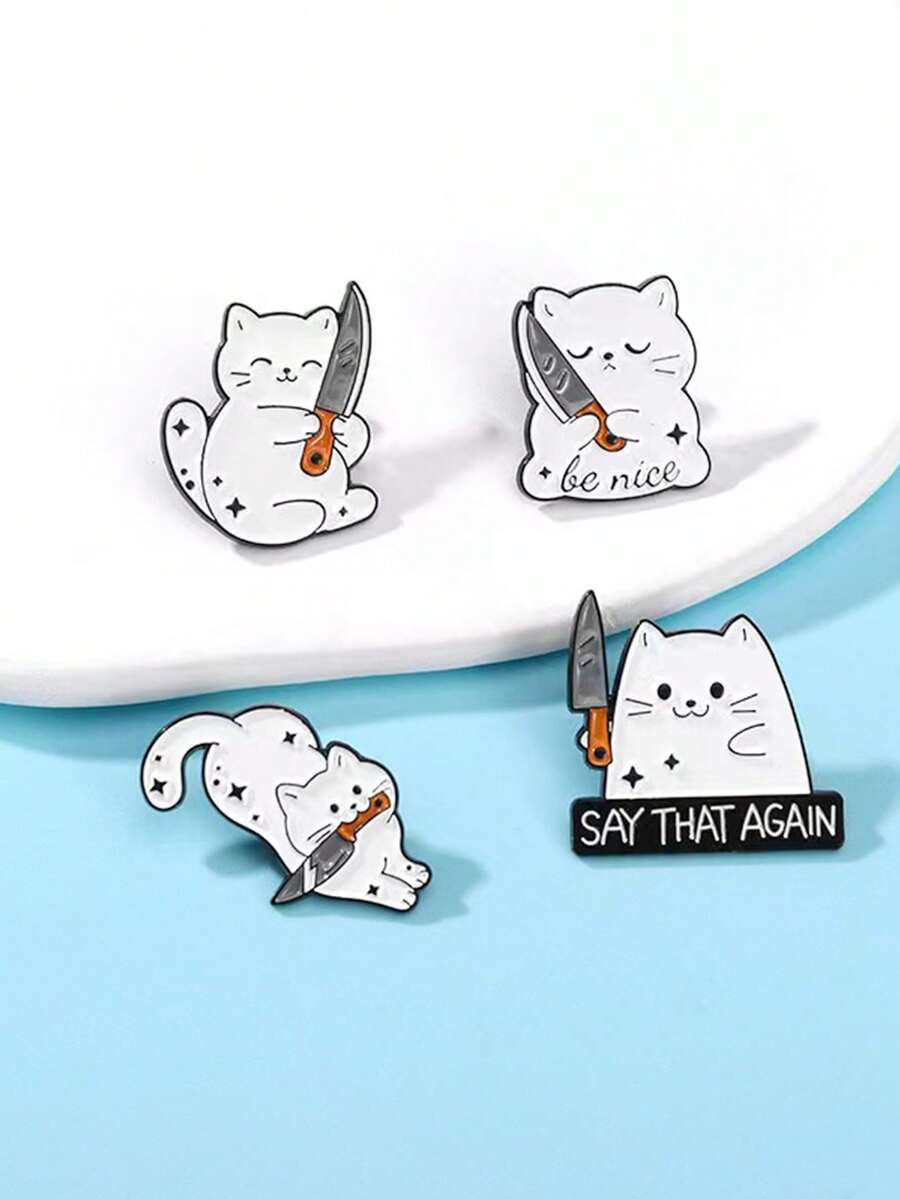 4 件裝卡通貓帶刀有趣設計胸針徽章,適合作為送給朋友或孩子的禮物 - 彩色 - 查看 1
