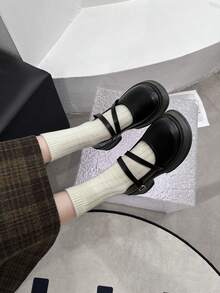 女士复古圆头玛丽珍鞋，2024 年春秋新款时尚厚底低帮鞋，适合日常穿着，包括学院风格。 - 黑色 - 查看 5