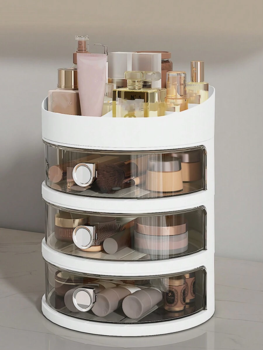 1pc Cosmetic Display Stand & Organizer Box With Drawer, Dustproof, Round Shaped, Skincare Products Storage Box - White - View 1