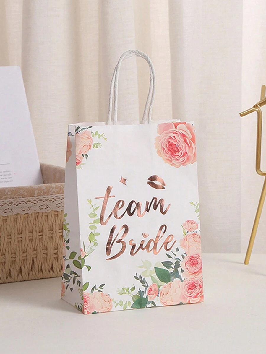 5pcs Gold Foil Printed Wedding Favor Bags With Delicate Floral Design, Lettering & Handles - White - View 1
