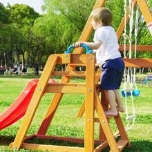 Wooden Swing Set With Slide, Outdoor Playset Backyard Activity Playground Climb Swing Outdoor Play Structure For Toddlers, Ready To Assemble Wooden Swing-N-Slide Set Kids Climbers - 紅色 - 查看 2