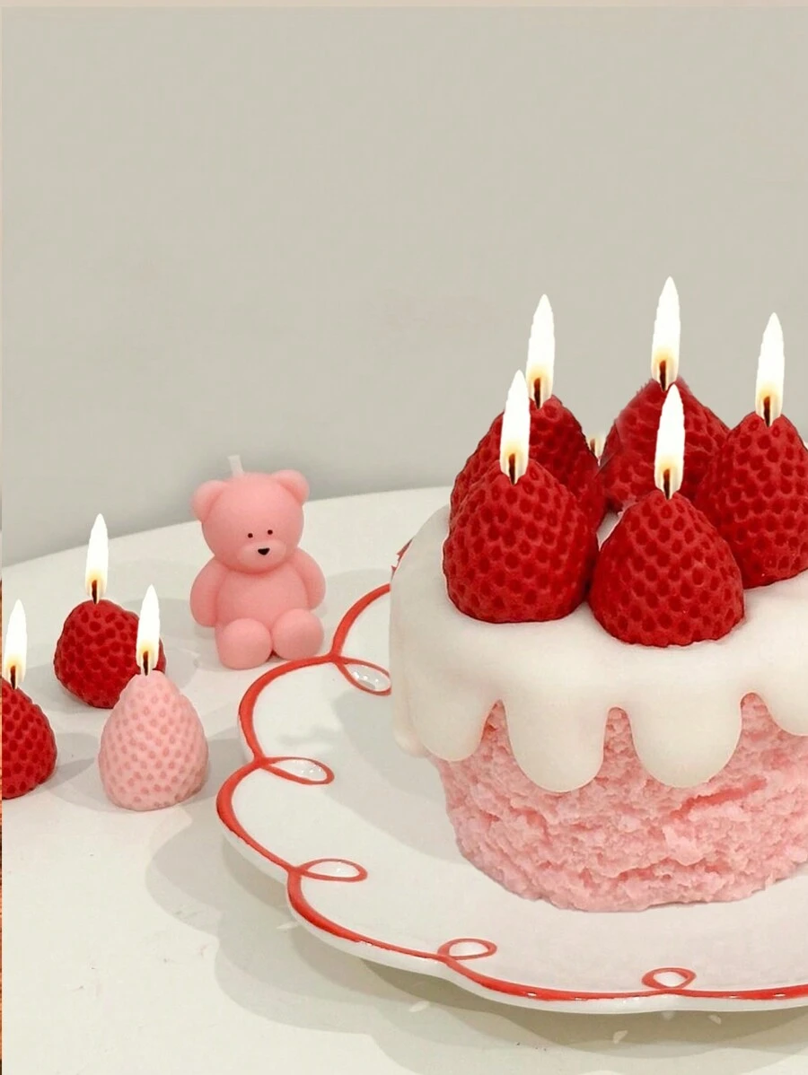 10pcs Red Strawberry Shaped Birthday & Festival Cake Candles Decoration For Party