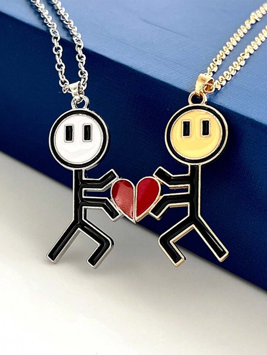 2 Piezas Conjunto De Collar Con Dije De Corazón Del Stickman De Los Años 90 Para Regalo De San Valentín De Pareja - Plateado - Ver 1