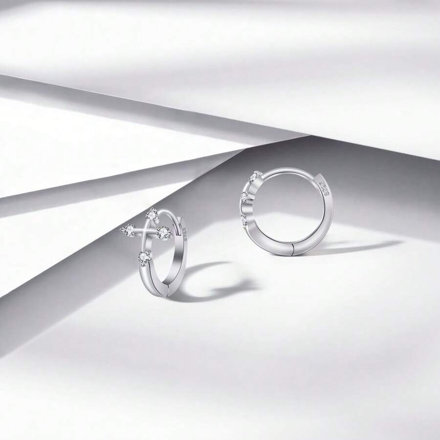 PHNIBIRD Women's Zirconia Silver 925 Metal Allergy Hoop Pierced Earrings Office - White - View 1