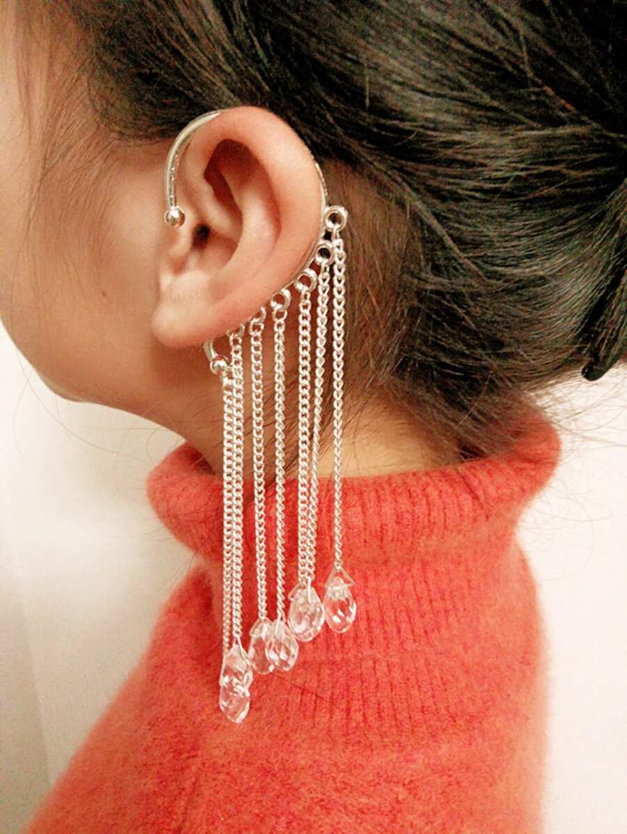 1對長款流蘇耳環,創意珍珠裝飾,耳掛設計,適合女性日常佩戴 - 銀色 - 查看 1