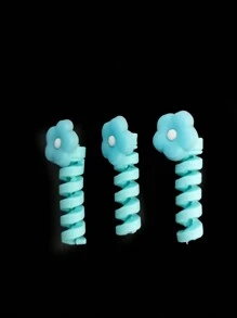 3 入組藍色花紋矽膠充電線保護套,適用於蘋果/安卓設備,多色線捲器 - 藍色 - 查看 7